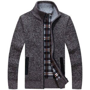 Men's Coffee Casual Slim Full Zip Knitted Polyester Cardigan Sweater with Pocked